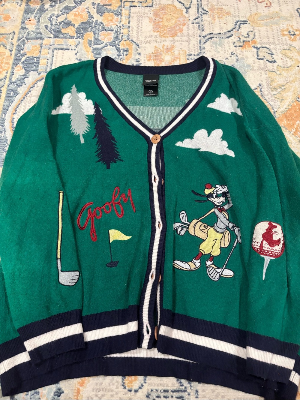 Disney Green V-Neck Striped Trim Sweater